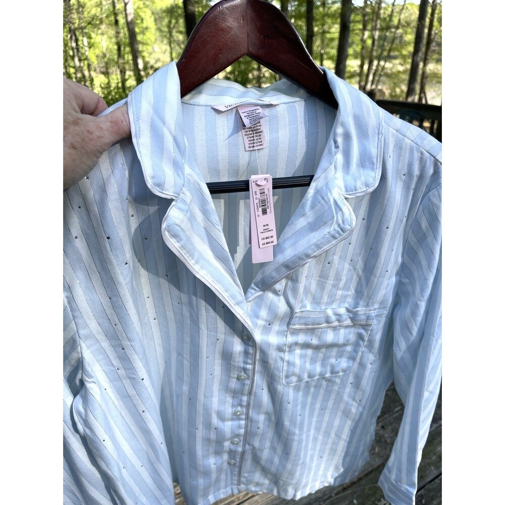 Victoria Secret Pajama TOP ONLY Soft Sky Stripe Blue w Bling Ladies Medium NWT